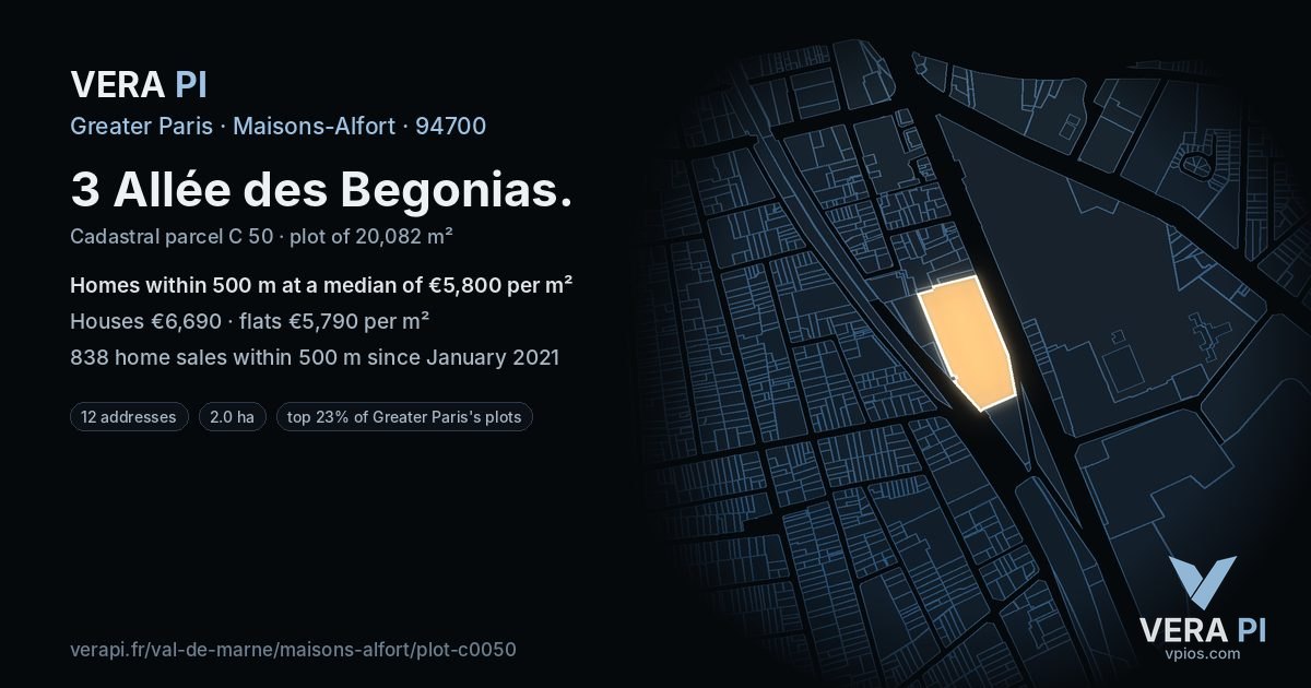 3 Allée des Begonias, Maisons-Alfort at night – the plot lit, the parcels around coloured by the prices near them