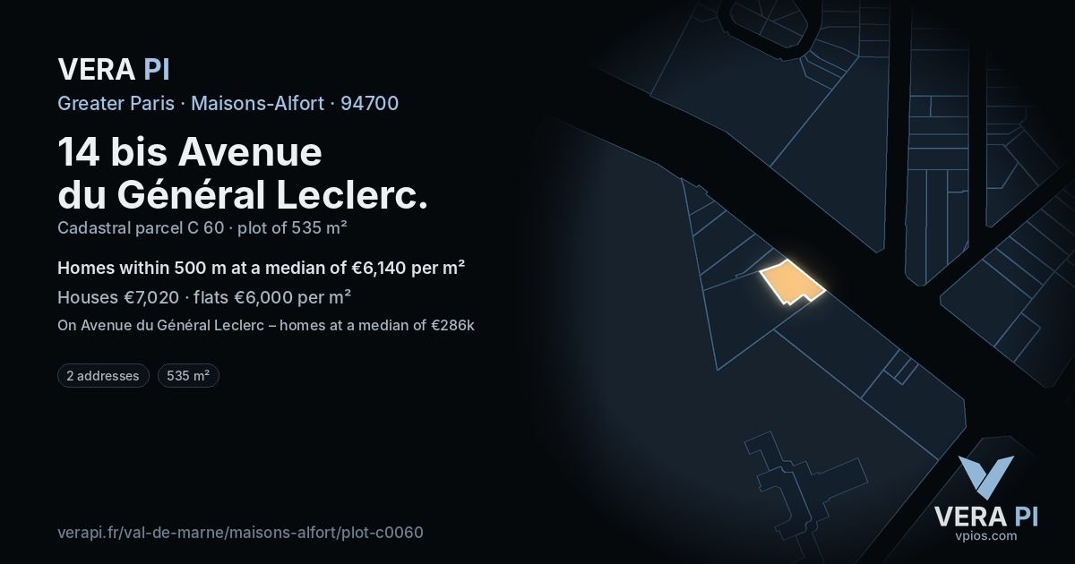 14 bis Avenue du Général Leclerc, Maisons-Alfort at night – the plot lit, the parcels around coloured by the prices near them
