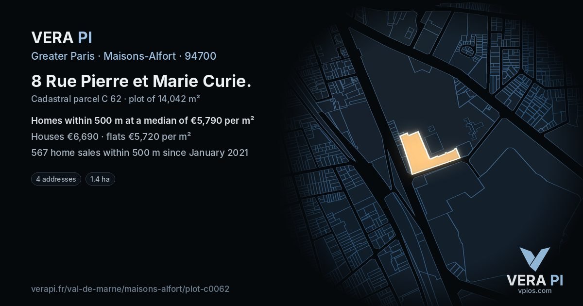 8 Rue Pierre et Marie Curie, Maisons-Alfort at night – the plot lit, the parcels around coloured by the prices near them