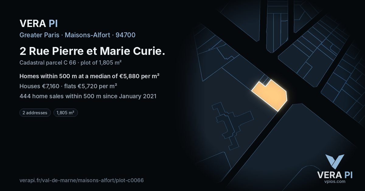 2 Rue Pierre et Marie Curie, Maisons-Alfort at night – the plot lit, the parcels around coloured by the prices near them