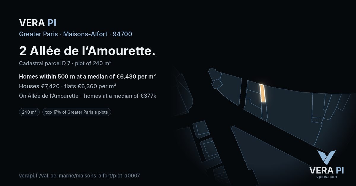 2 Allée de l’Amourette, Maisons-Alfort at night – the plot lit, the parcels around coloured by the prices near them