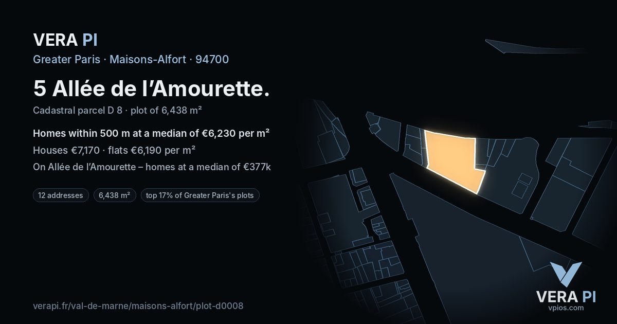 5 Allée de l’Amourette, Maisons-Alfort at night – the plot lit, the parcels around coloured by the prices near them