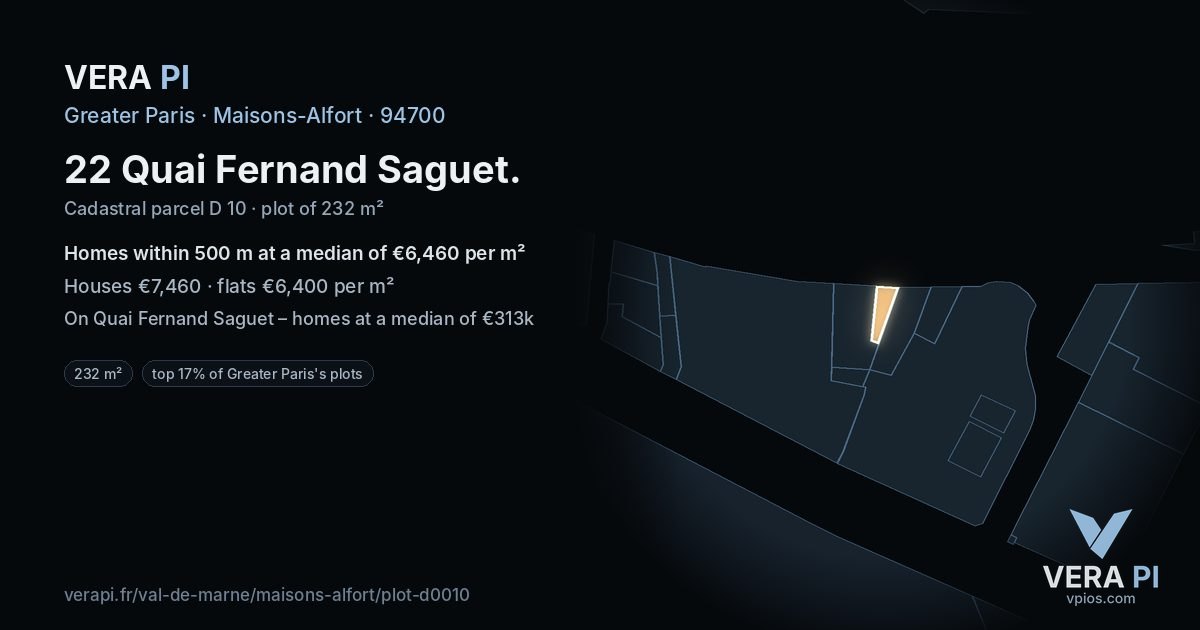 22 Quai Fernand Saguet, Maisons-Alfort at night – the plot lit, the parcels around coloured by the prices near them