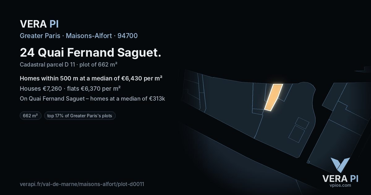 24 Quai Fernand Saguet, Maisons-Alfort at night – the plot lit, the parcels around coloured by the prices near them