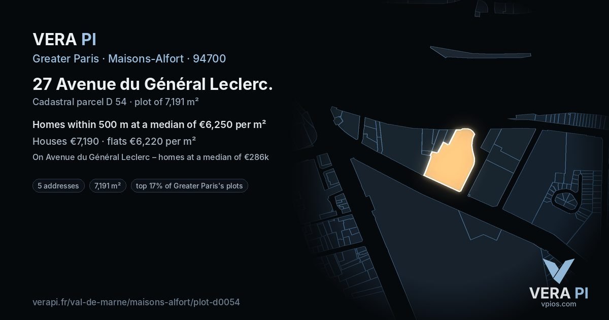 27 Avenue du Général Leclerc, Maisons-Alfort at night – the plot lit, the parcels around coloured by the prices near them