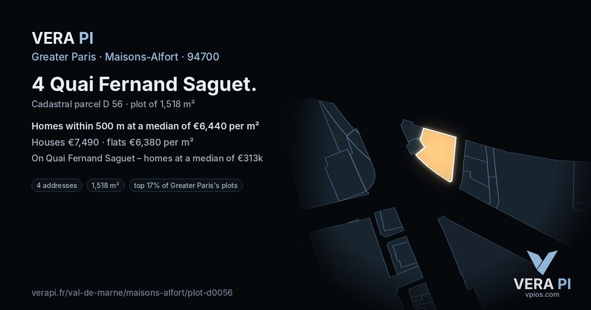 4 Quai Fernand Saguet, Maisons-Alfort at night – the plot lit, the parcels around coloured by the prices near them