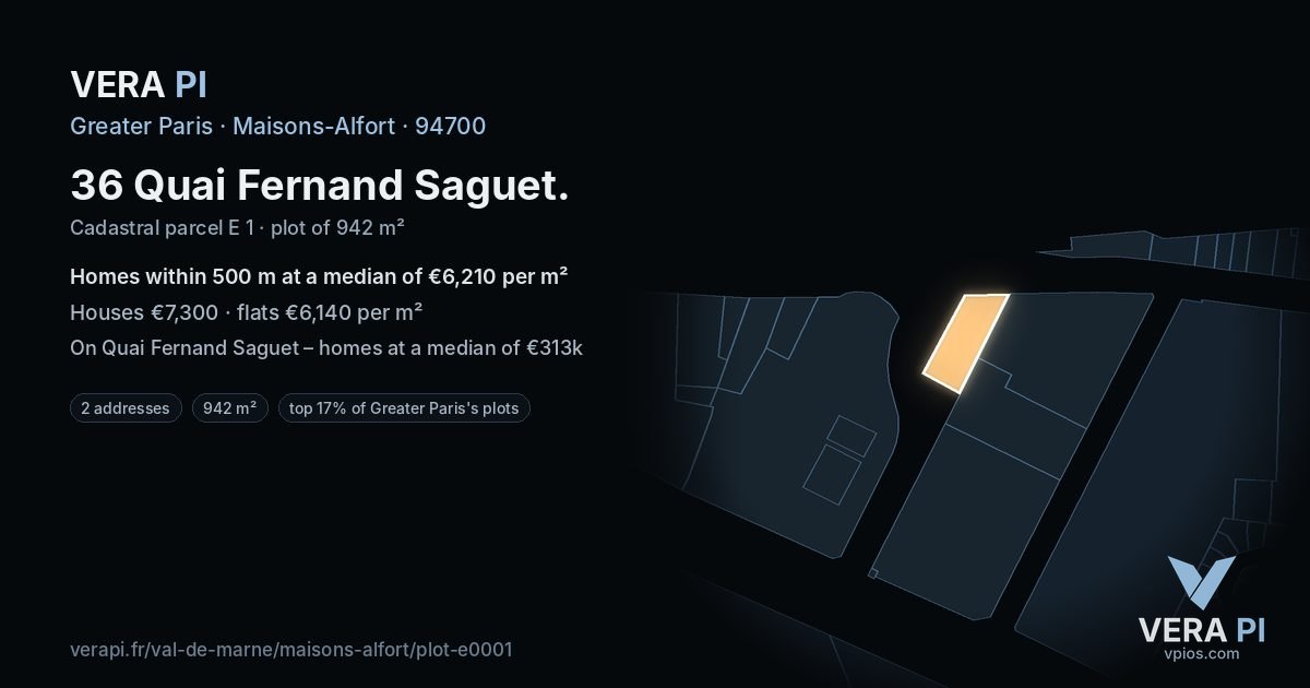 36 Quai Fernand Saguet, Maisons-Alfort at night – the plot lit, the parcels around coloured by the prices near them