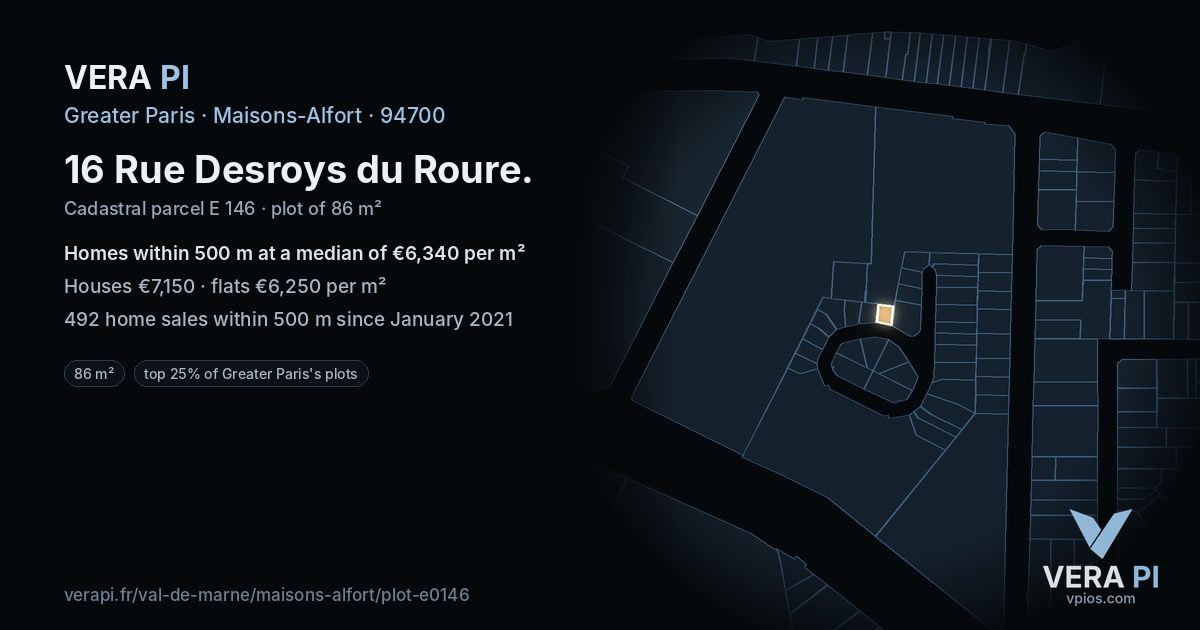 16 Rue Desroys du Roure, Maisons-Alfort at night – the plot lit, the parcels around coloured by the prices near them