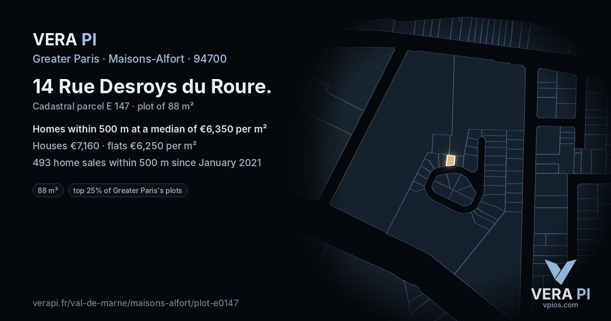 14 Rue Desroys du Roure, Maisons-Alfort at night – the plot lit, the parcels around coloured by the prices near them
