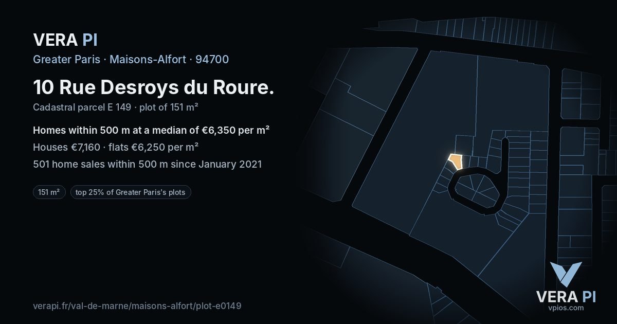 10 Rue Desroys du Roure, Maisons-Alfort at night – the plot lit, the parcels around coloured by the prices near them