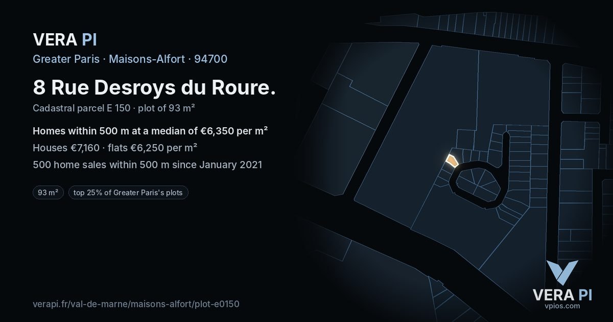 8 Rue Desroys du Roure, Maisons-Alfort at night – the plot lit, the parcels around coloured by the prices near them