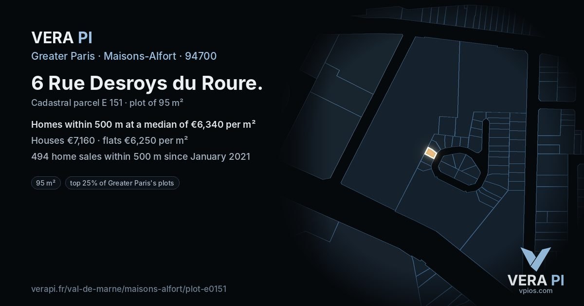 6 Rue Desroys du Roure, Maisons-Alfort at night – the plot lit, the parcels around coloured by the prices near them
