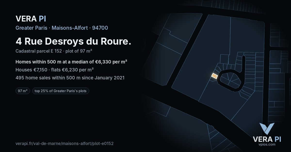 4 Rue Desroys du Roure, Maisons-Alfort at night – the plot lit, the parcels around coloured by the prices near them