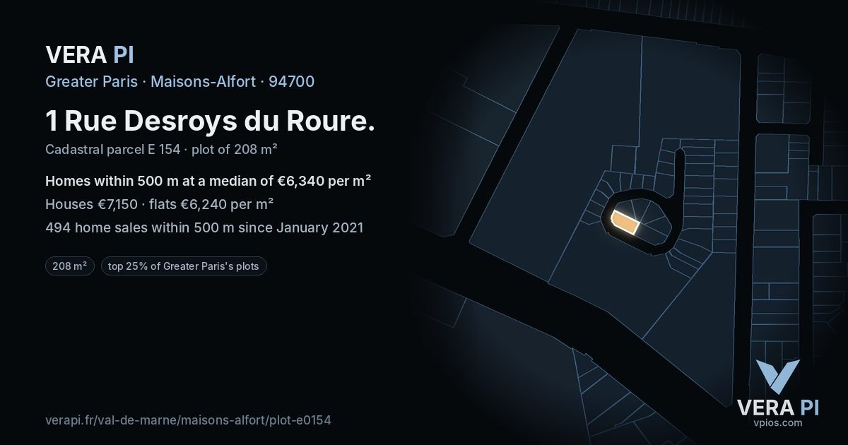 1 Rue Desroys du Roure, Maisons-Alfort at night – the plot lit, the parcels around coloured by the prices near them