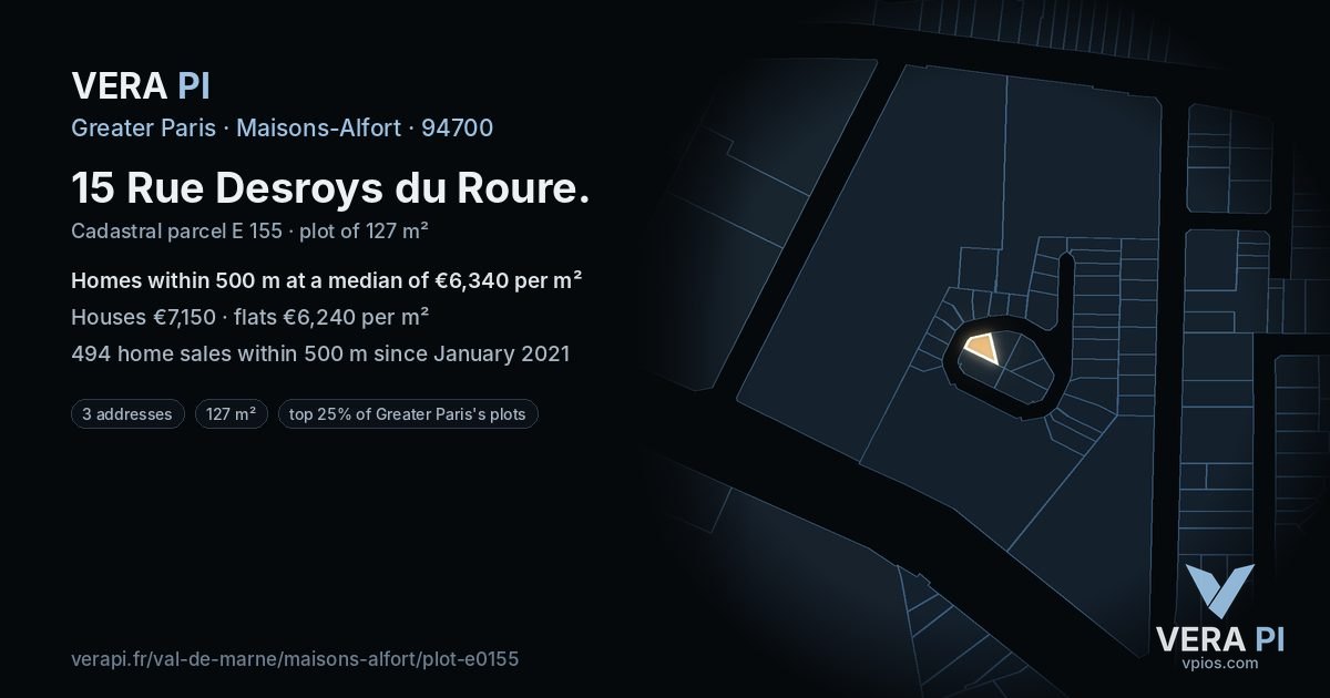 15 Rue Desroys du Roure, Maisons-Alfort at night – the plot lit, the parcels around coloured by the prices near them