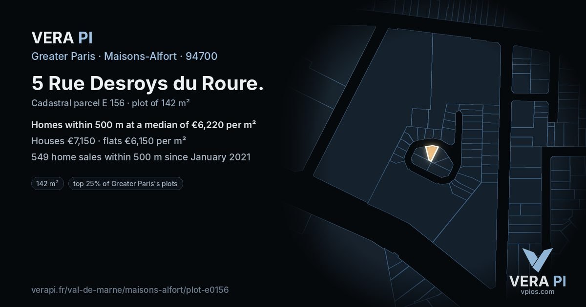 5 Rue Desroys du Roure, Maisons-Alfort at night – the plot lit, the parcels around coloured by the prices near them