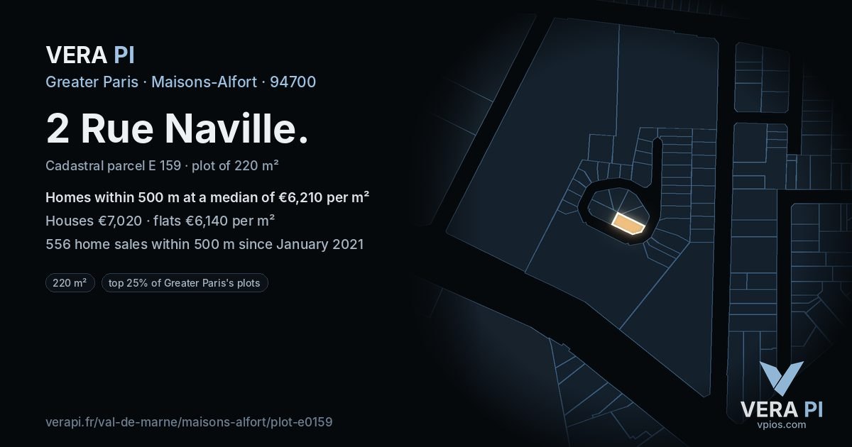 2 Rue Naville, Maisons-Alfort at night – the plot lit, the parcels around coloured by the prices near them