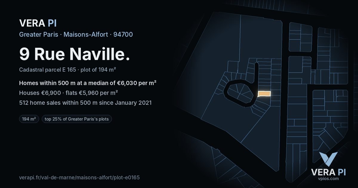 9 Rue Naville, Maisons-Alfort at night – the plot lit, the parcels around coloured by the prices near them
