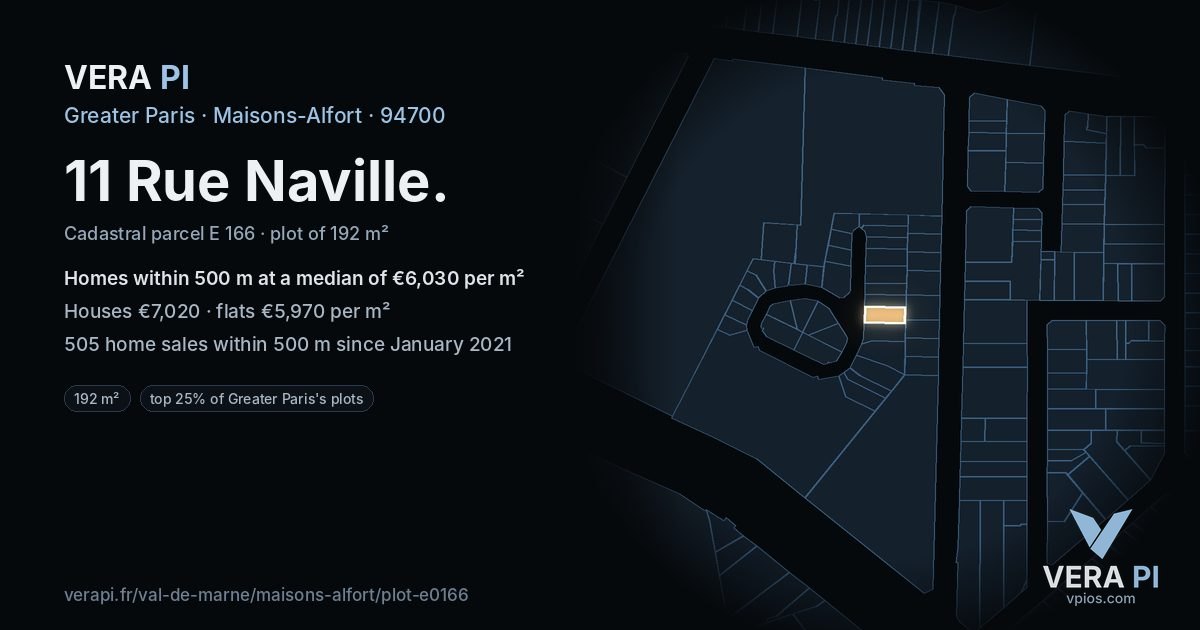11 Rue Naville, Maisons-Alfort at night – the plot lit, the parcels around coloured by the prices near them