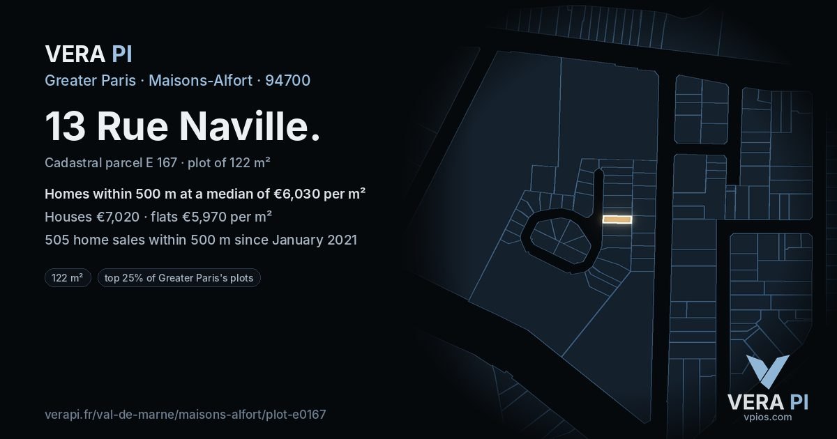 13 Rue Naville, Maisons-Alfort at night – the plot lit, the parcels around coloured by the prices near them