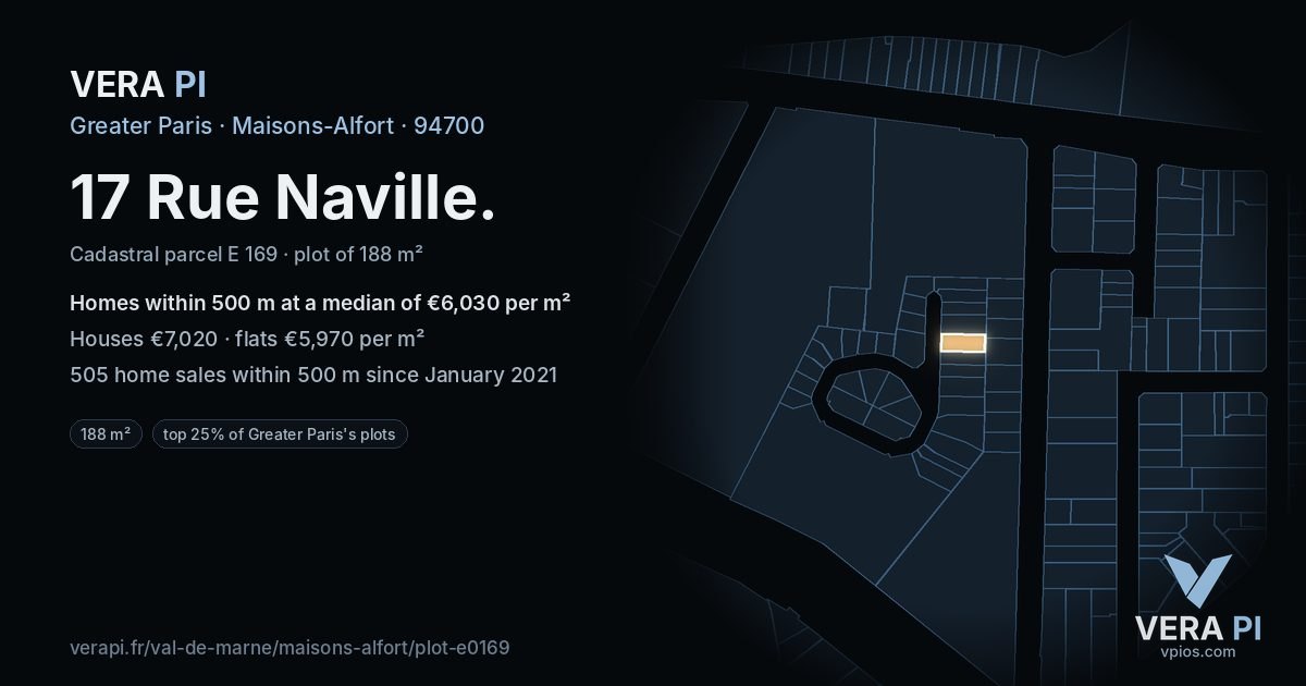 17 Rue Naville, Maisons-Alfort at night – the plot lit, the parcels around coloured by the prices near them