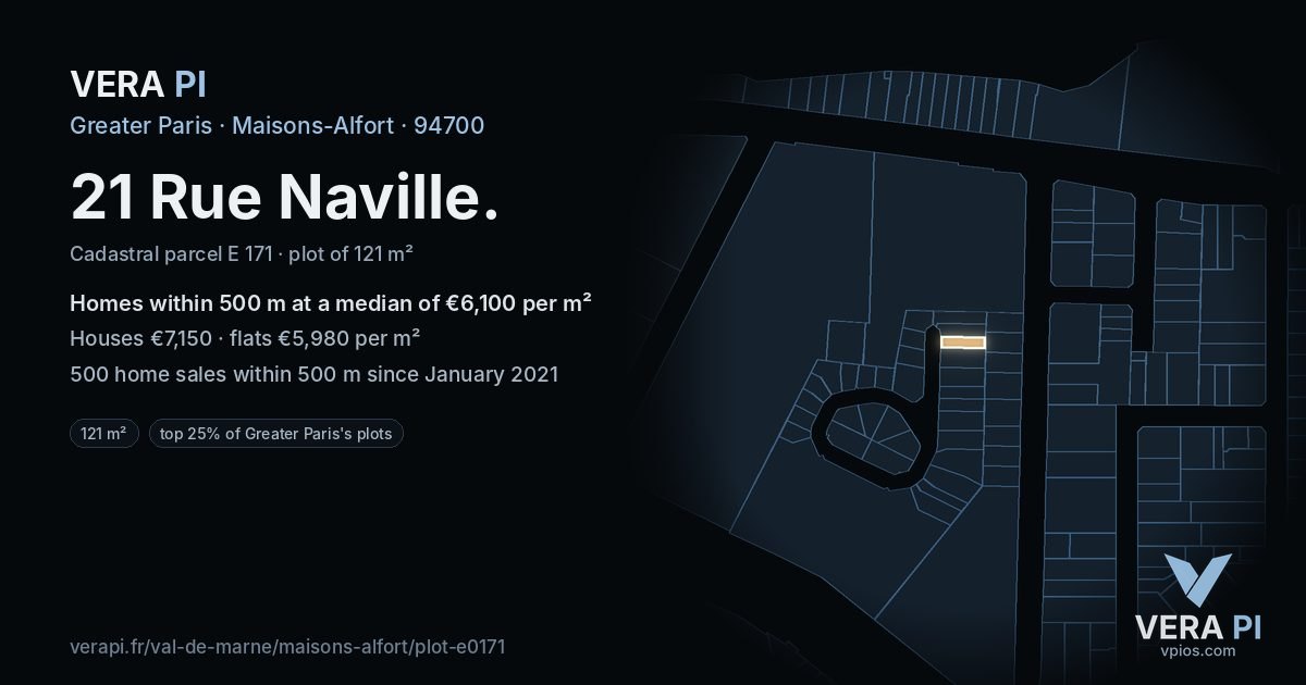 21 Rue Naville, Maisons-Alfort at night – the plot lit, the parcels around coloured by the prices near them