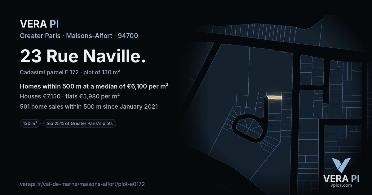 23 Rue Naville, Maisons-Alfort at night – the plot lit, the parcels around coloured by the prices near them