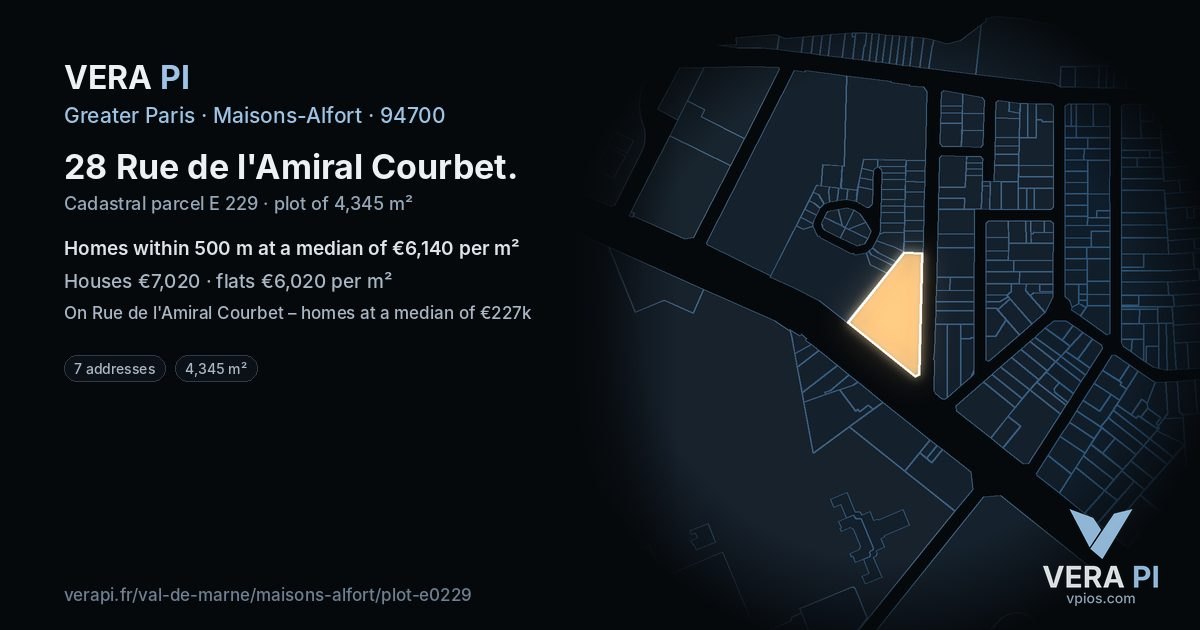28 Rue de l'Amiral Courbet, Maisons-Alfort at night – the plot lit, the parcels around coloured by the prices near them