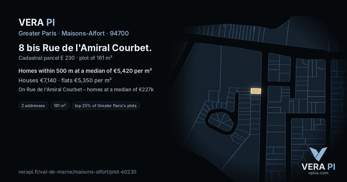 8 bis Rue de l'Amiral Courbet, Maisons-Alfort at night – the plot lit, the parcels around coloured by the prices near them
