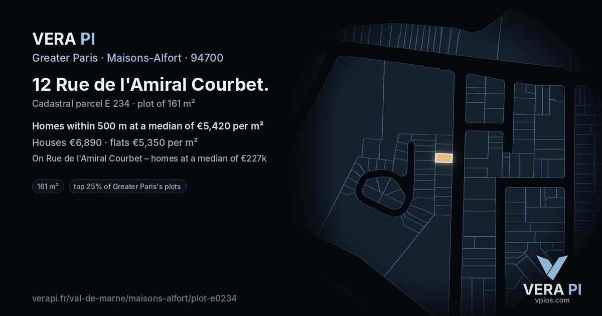 12 Rue de l'Amiral Courbet, Maisons-Alfort at night – the plot lit, the parcels around coloured by the prices near them