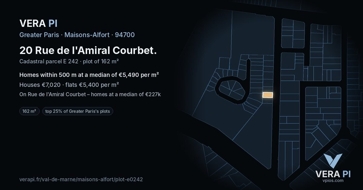 20 Rue de l'Amiral Courbet, Maisons-Alfort at night – the plot lit, the parcels around coloured by the prices near them