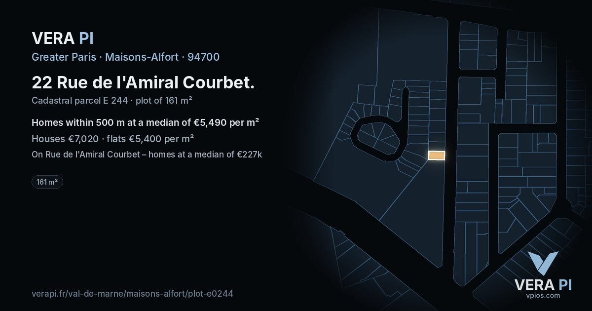 22 Rue de l'Amiral Courbet, Maisons-Alfort at night – the plot lit, the parcels around coloured by the prices near them