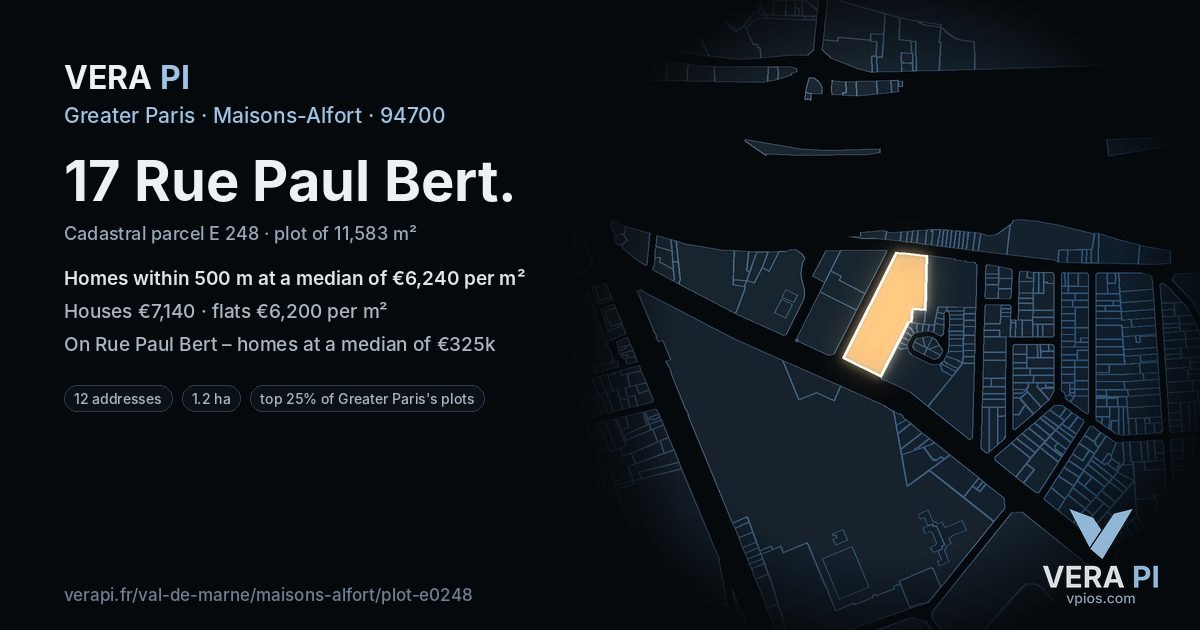 17 Rue Paul Bert, Maisons-Alfort at night – the plot lit, the parcels around coloured by the prices near them