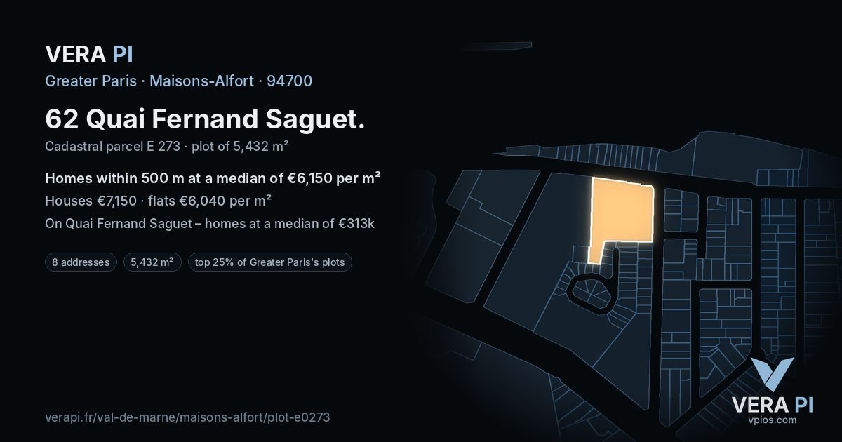 62 Quai Fernand Saguet, Maisons-Alfort at night – the plot lit, the parcels around coloured by the prices near them