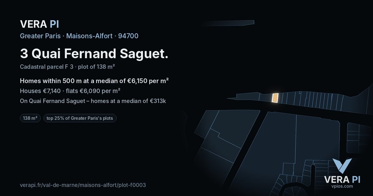 3 Quai Fernand Saguet, Maisons-Alfort at night – the plot lit, the parcels around coloured by the prices near them