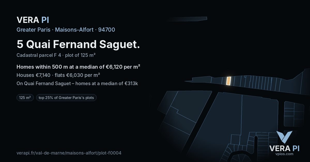 5 Quai Fernand Saguet, Maisons-Alfort at night – the plot lit, the parcels around coloured by the prices near them