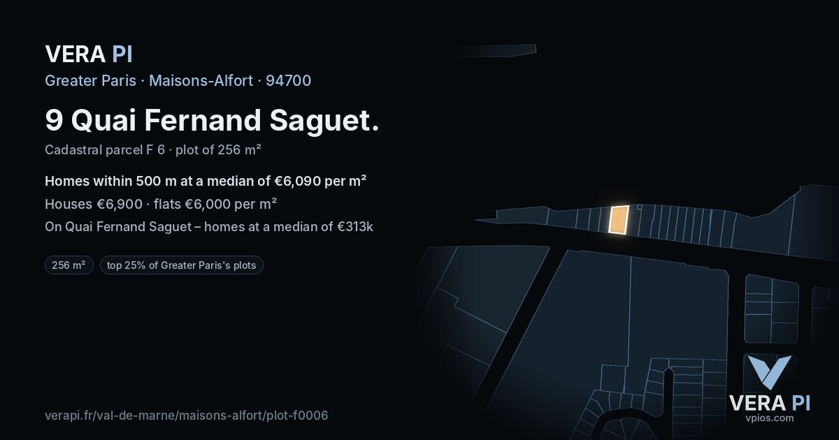 9 Quai Fernand Saguet, Maisons-Alfort at night – the plot lit, the parcels around coloured by the prices near them