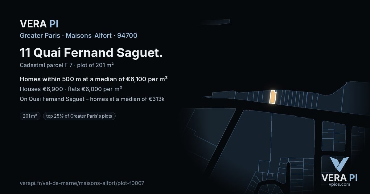 11 Quai Fernand Saguet, Maisons-Alfort at night – the plot lit, the parcels around coloured by the prices near them