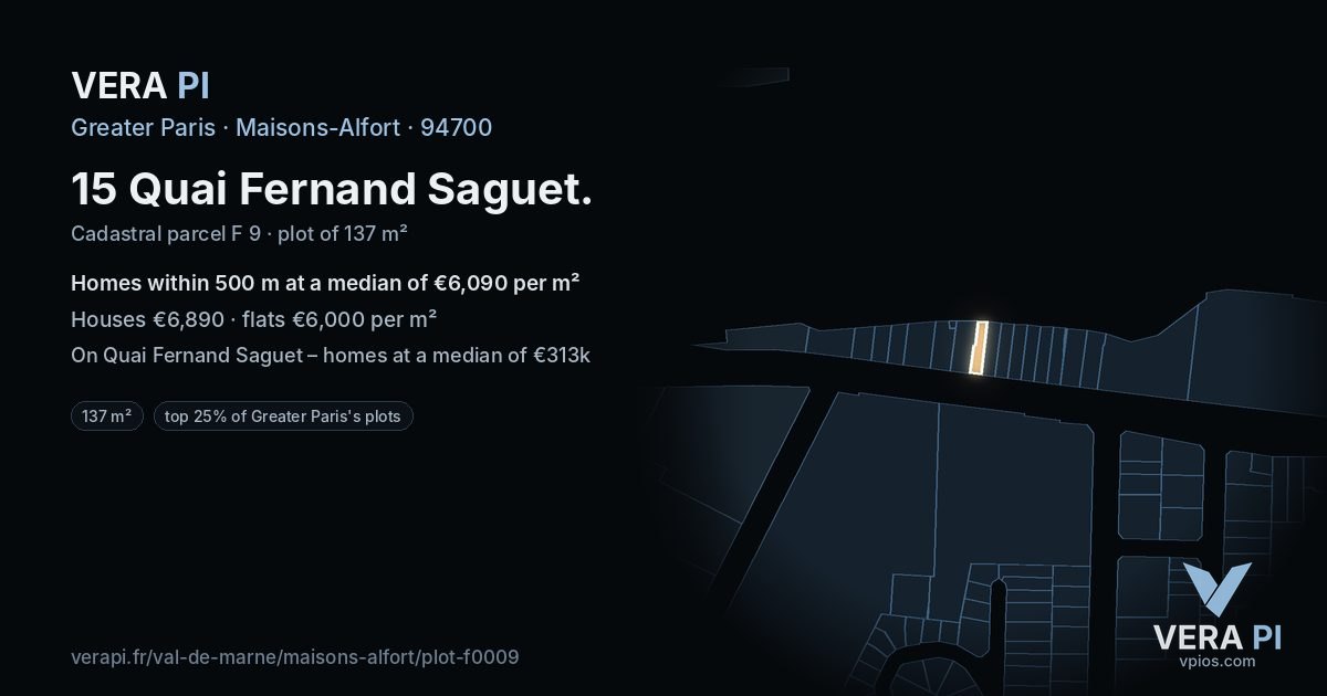 15 Quai Fernand Saguet, Maisons-Alfort at night – the plot lit, the parcels around coloured by the prices near them