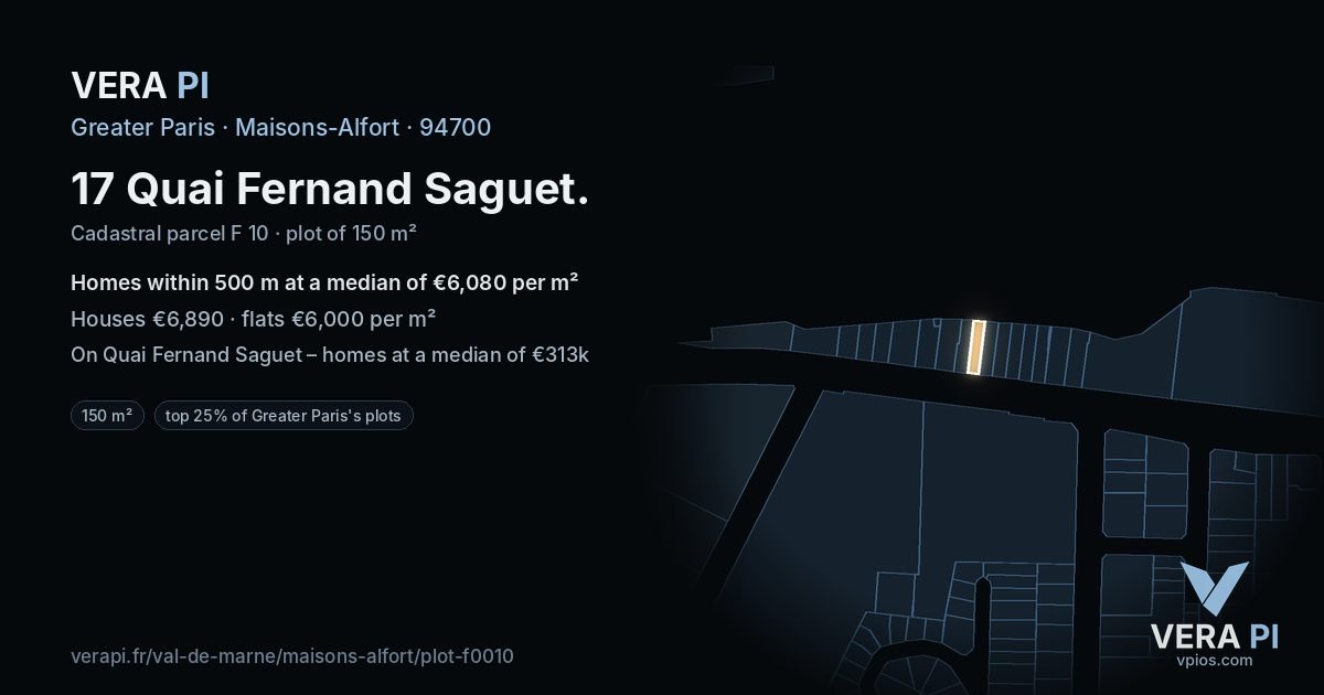 17 Quai Fernand Saguet, Maisons-Alfort at night – the plot lit, the parcels around coloured by the prices near them