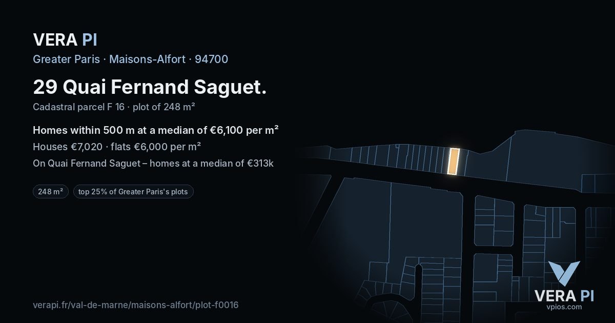 29 Quai Fernand Saguet, Maisons-Alfort at night – the plot lit, the parcels around coloured by the prices near them