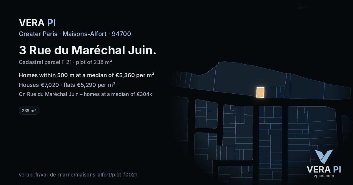 3 Rue du Maréchal Juin, Maisons-Alfort at night – the plot lit, the parcels around coloured by the prices near them