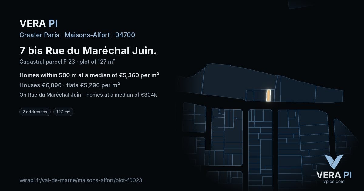 7 bis Rue du Maréchal Juin, Maisons-Alfort at night – the plot lit, the parcels around coloured by the prices near them