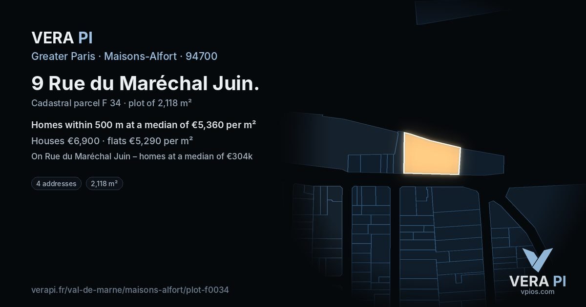 9 Rue du Maréchal Juin, Maisons-Alfort at night – the plot lit, the parcels around coloured by the prices near them