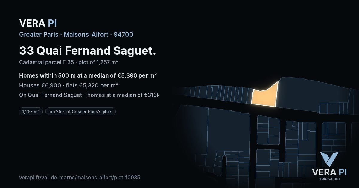 33 Quai Fernand Saguet, Maisons-Alfort at night – the plot lit, the parcels around coloured by the prices near them