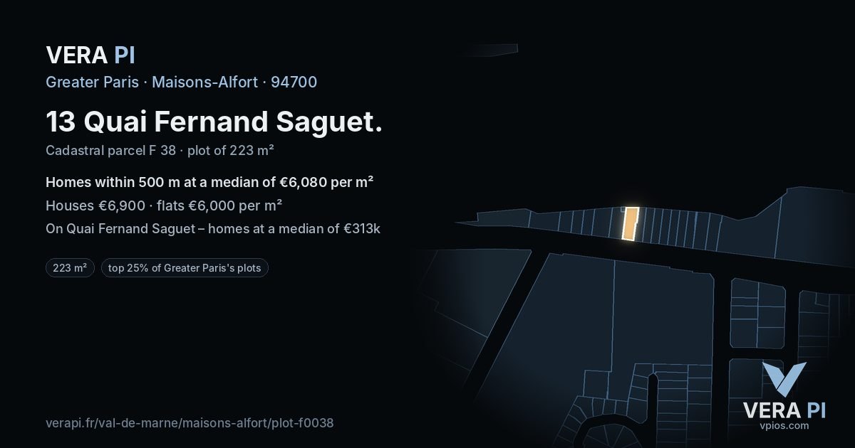 13 Quai Fernand Saguet, Maisons-Alfort at night – the plot lit, the parcels around coloured by the prices near them