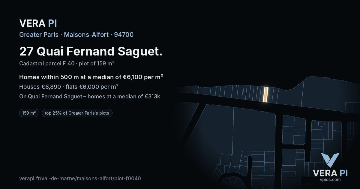 27 Quai Fernand Saguet, Maisons-Alfort at night – the plot lit, the parcels around coloured by the prices near them