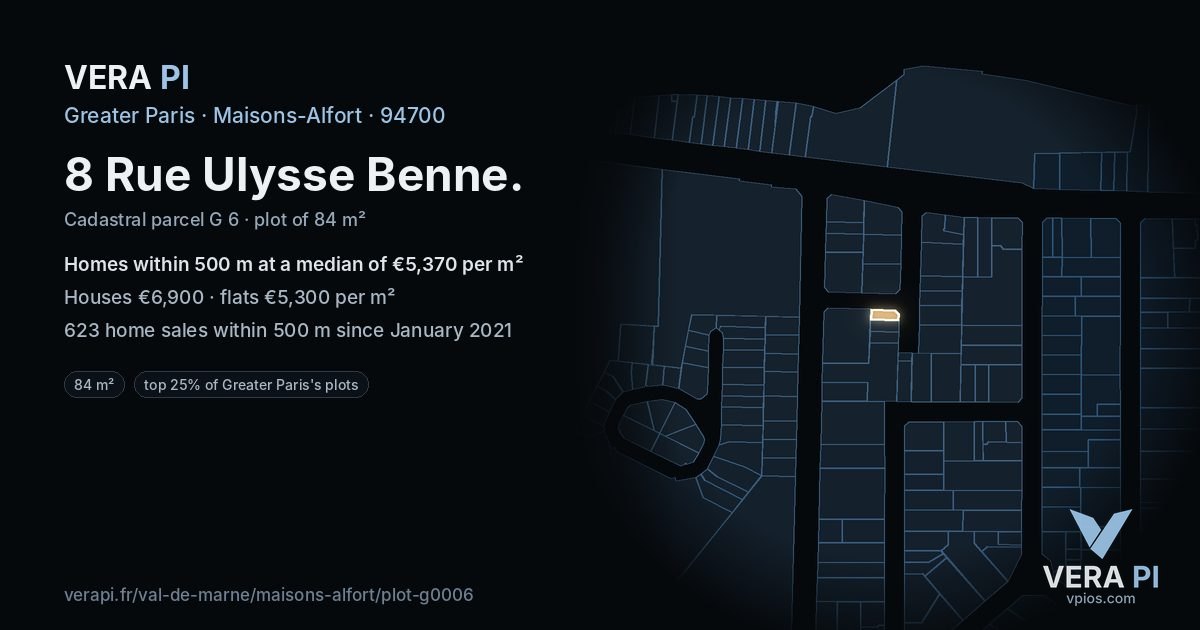 8 Rue Ulysse Benne, Maisons-Alfort at night – the plot lit, the parcels around coloured by the prices near them