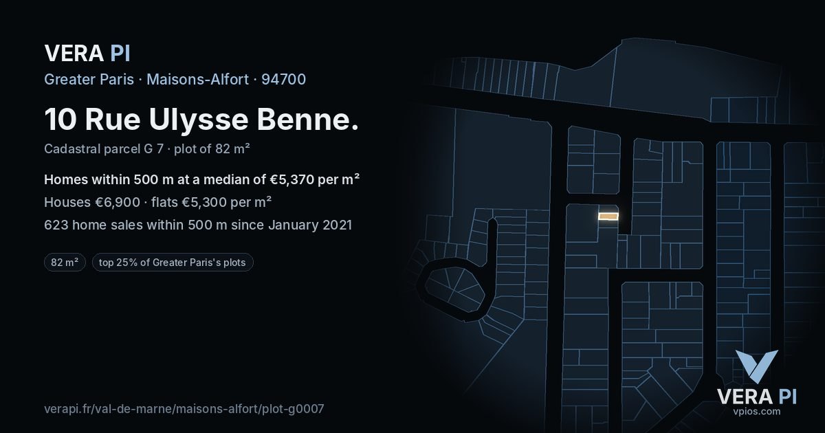 10 Rue Ulysse Benne, Maisons-Alfort at night – the plot lit, the parcels around coloured by the prices near them
