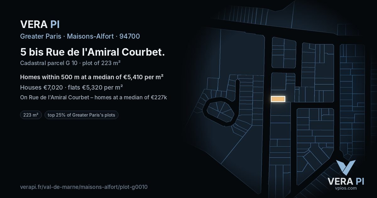5 bis Rue de l'Amiral Courbet, Maisons-Alfort at night – the plot lit, the parcels around coloured by the prices near them